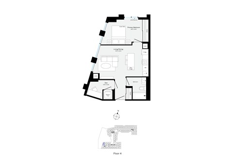 Floor plan for 1 bed, 1 bath, 595 sqft